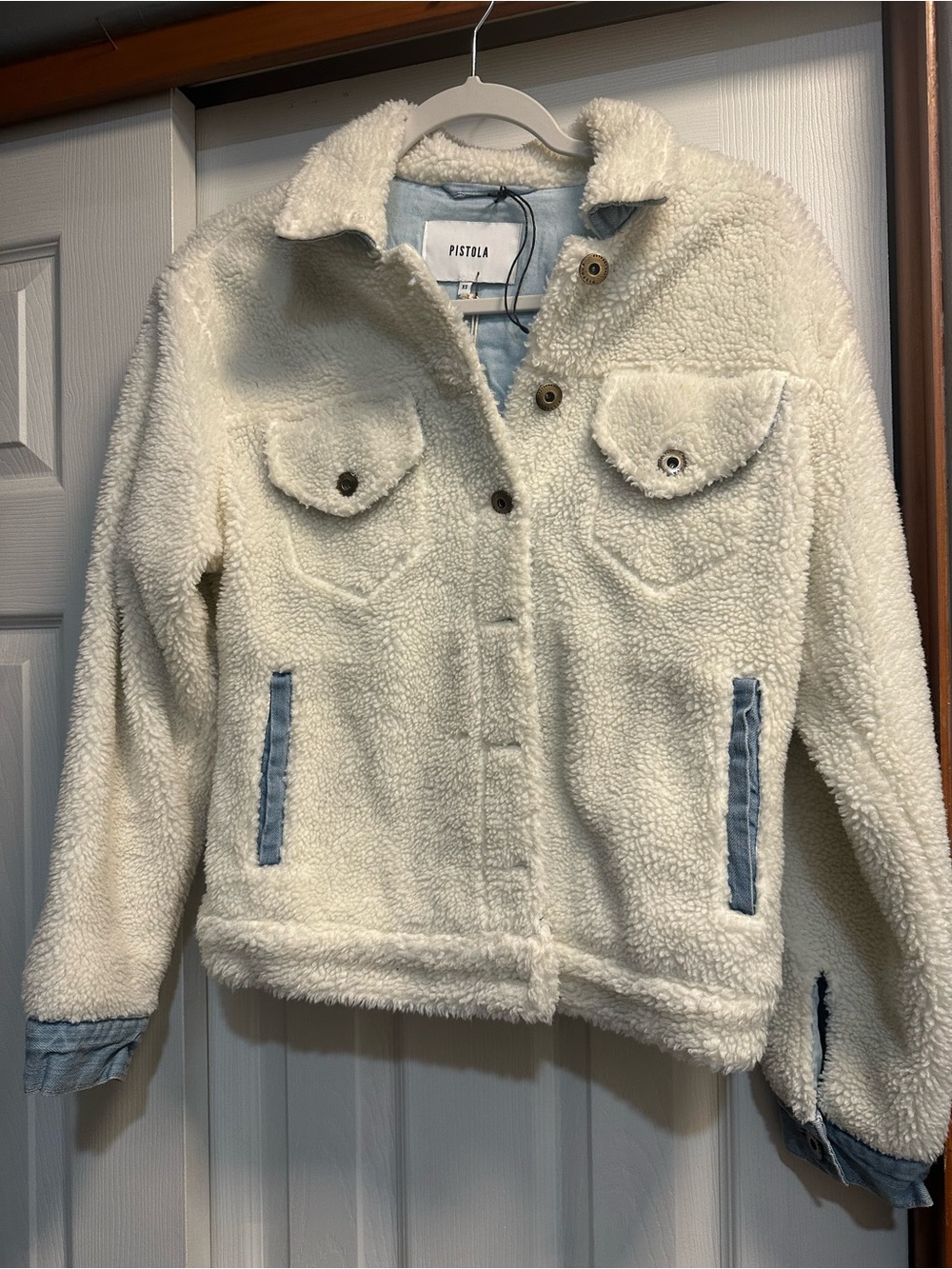 Pistola Cream Sherpa Trucker Jacket with Denim Trim